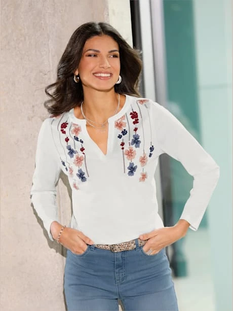 T-shirt à Manches Longues Encolure Arrondie Avec Petit V 1 T-shirt à Manches Longues Encolure Arrondie Avec Petit V