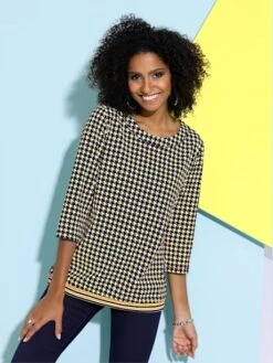 T-shirt Motif Pied-de-poule Col Rond Manches 3/4 En Coton