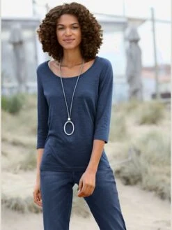 T-shirt Femme Basique Effet Chiné Col En U Manches 3/4