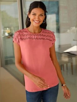 T-shirt à Encolure Ronde Empiècement Dentelle Devant Et Derrière